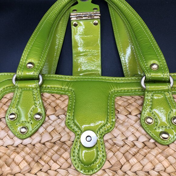 Michael Kors Straw and Green Leather Tote Bag w/Gold Color Hardware Excellent - Picture 10 of 15